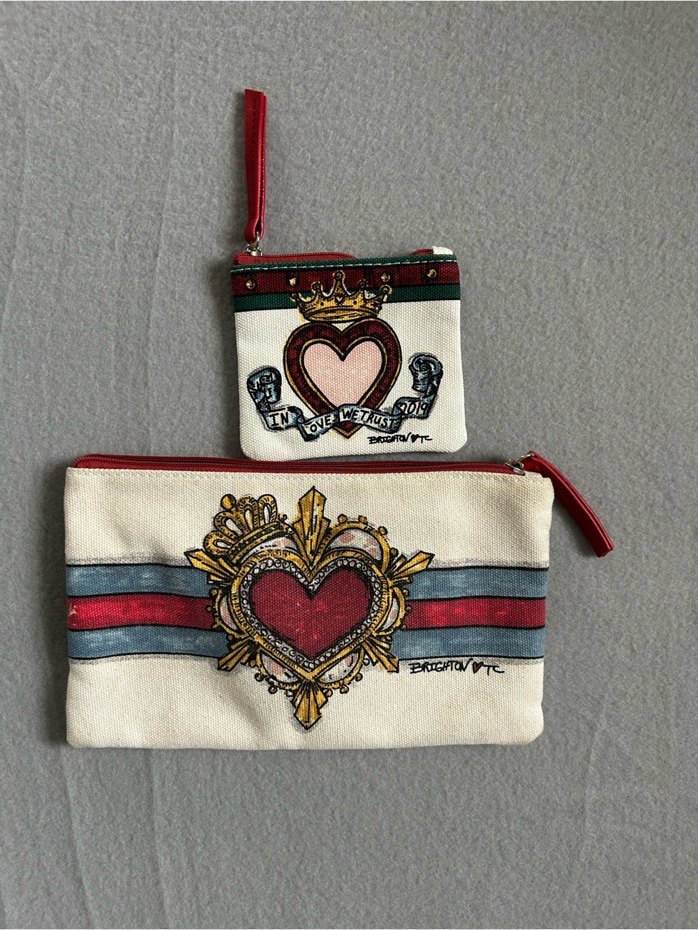 Brighton In Love We Trust Pouch Set Coin Purse Makeup Bag Heart Crown Belt
